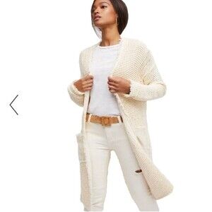 Free People Wouldn't Knit Be Nice LongLine Ivory open front Cardigan L